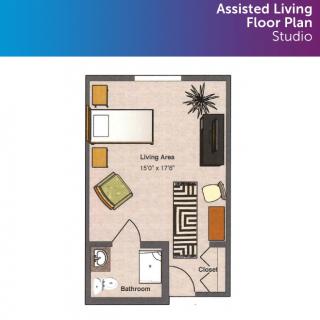 Studio apartment floor plan for assisted living.