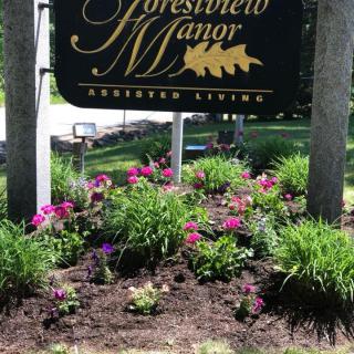 A landscaped garden surrounding the sign for Forestview Manor Assisted Living.