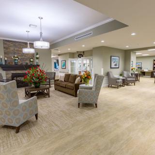 A modern lobby with comfortable seating and stylish decor.