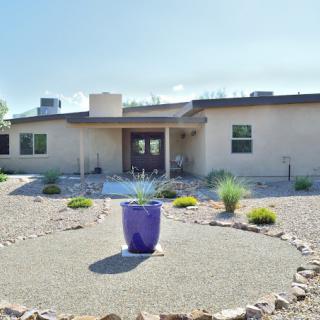 A modern house with desert landscaping and a prominent potted plant at the forefront.