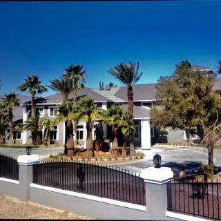 A luxurious mansion surrounded by palm trees and enclosed by a gated fence.