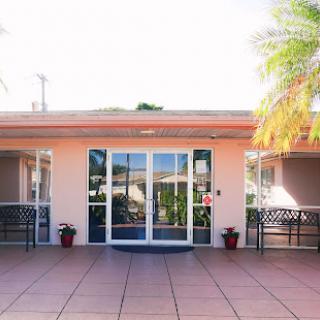 A welcoming entrance of a modern home surrounded by palm trees.