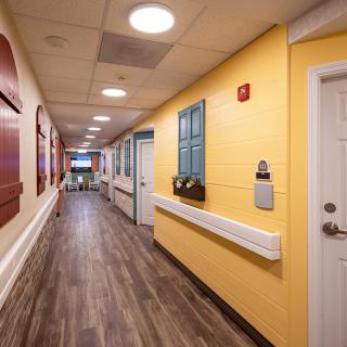 A brightly colored hallway with wooden flooring and decorative elements on the walls.