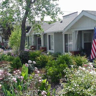 A beautiful garden with a variety of flowers in front of a quaint house displaying an American flag.