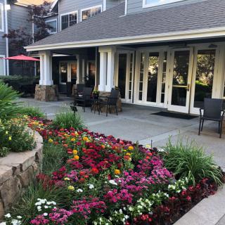 A beautifully landscaped garden with vibrant flowers in front of a modern building patio.