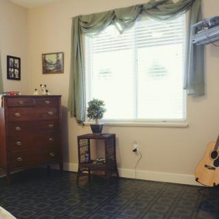 A cozy room with a wooden chest of drawers, a potted plant on a small table, and a guitar resting against the wall.