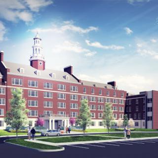 A rendered view of a modern college dormitory with red brick architecture, surrounded by landscaped greenery under a clear sky.