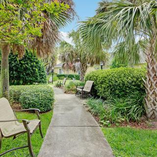 A serene garden pathway lined with chairs and surrounded by lush palm trees.