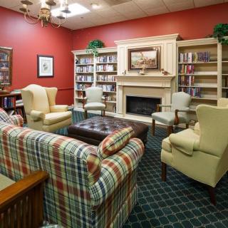 A cozy living room with a fireplace, surrounded by bookshelves and comfortable seating.