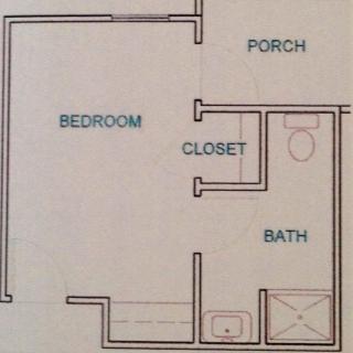 A small residential floor plan featuring a bedroom, bathroom, closet, and porch.