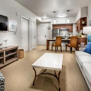 Modern apartment with a cozy living room and open kitchen layout.