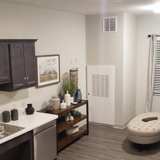 A modern kitchen interior featuring minimalist decor and sleek appliances.