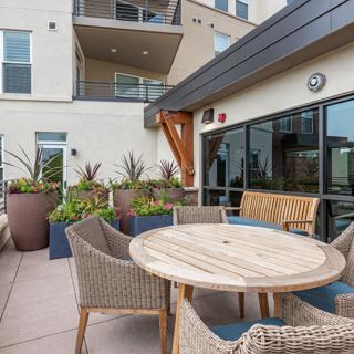 A modern outdoor patio with a round wooden table and wicker chairs surrounded by potted plants in an urban apartment setting.