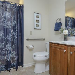 A clean and organized bathroom with a floral shower curtain, wooden cabinet, and decorative elements.
