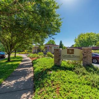 A sunny day in a park with a paved pathway, lush greenery, and parked cars near signage.