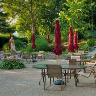 A peaceful outdoor patio area featuring tables, chairs, and red umbrellas surrounded by lush greenery and trees.