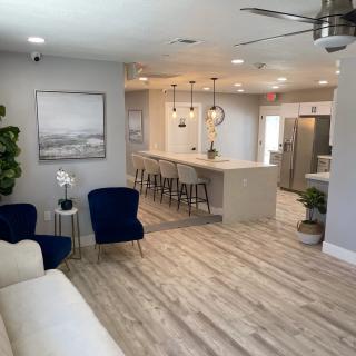 A modern open-space living room and kitchen area with stylish decor, featuring wood flooring, pendant lights, and a cozy seating arrangement.