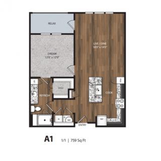 A floor plan of a one-bedroom apartment labeled 'A1', featuring an open living area, kitchen, and private balcony.