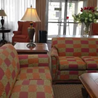 A cozy living room with checkered sofas and a side lamp.