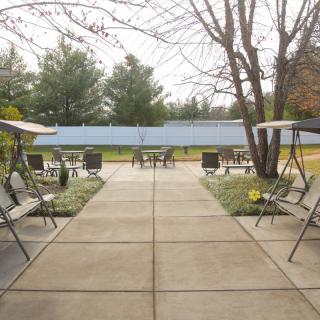 A spacious outdoor patio area with chairs and tables, surrounded by trees and greenery.