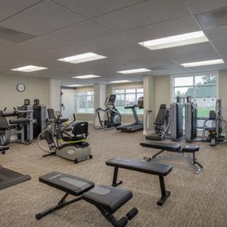 A modern gym equipped with various exercise machines and benches.