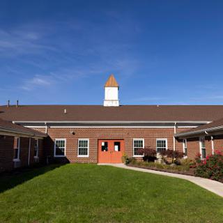 A sunny view of a school building with a central entrance and surrounding greenery.