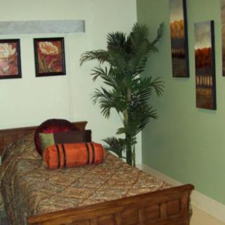 A cozy bedroom with a single bed, decorative pillows, wall art, and a potted plant.