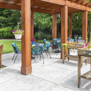 A scenic outdoor patio area with a wooden pergola, colorful chairs and tables, set amidst lush greenery.