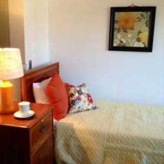 A cozy bedroom with a neatly made bed, decorated with pillows and a bedside lamp on a wooden nightstand.