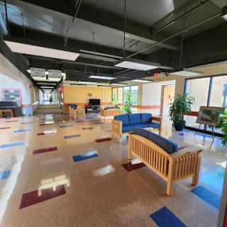 A spacious lobby featuring comfortable seating and greenery, designed for relaxation and interaction.