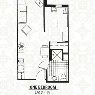 A floor plan of a one-bedroom apartment measuring 430 square feet.