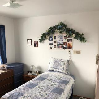A cozy bedroom with a single bed, decorated with photos and greenery above the headboard.
