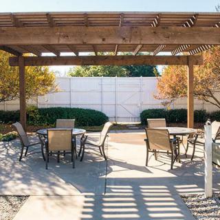 A peaceful outdoor patio with a wooden pergola and seating area, perfect for relaxation.