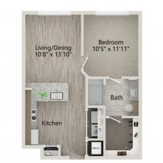A floor plan of a one-bedroom apartment featuring a living/dining area, kitchen, and bathroom.