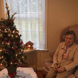 A cozy holiday scene featuring a decorated Christmas tree and an elderly woman enjoying the festive atmosphere.