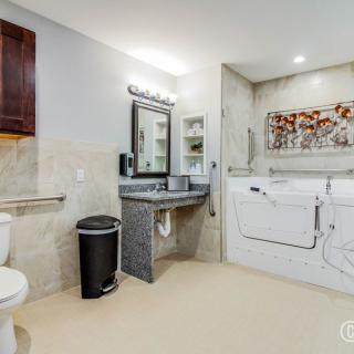 A modern and accessible bathroom featuring a walk-in bathtub, sink with mirror, toilet, and grab bars for safety.