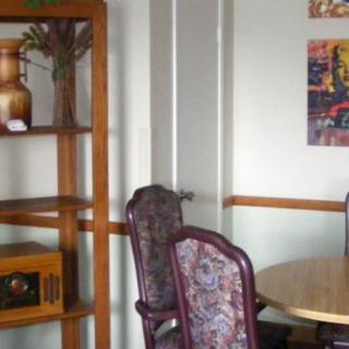 A cozy interior space featuring a wooden bookshelf, ornate chairs, and a round table.