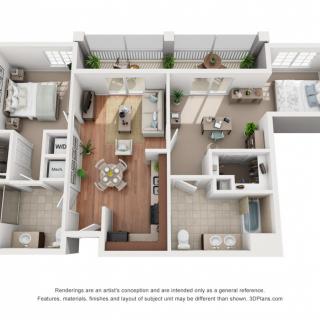 A 3D floor plan of an apartment showcasing the arrangement of rooms and furniture in a modern interior design.