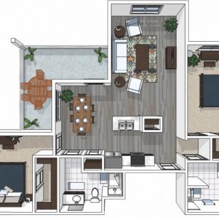 3D rendered floor plan of an apartment with two bedrooms, a living room, kitchen, dining area, bathrooms, and a balcony.