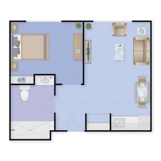 A simple one-bedroom apartment floor plan with a living room, kitchen, bathroom, and bedroom.