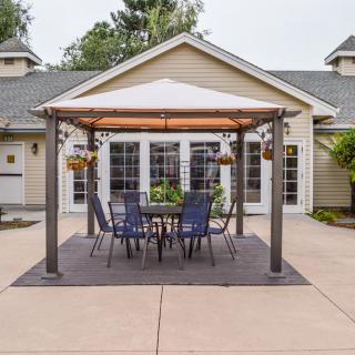 A cozy patio setup with a gazebo, complete with outdoor seating and hanging plants.