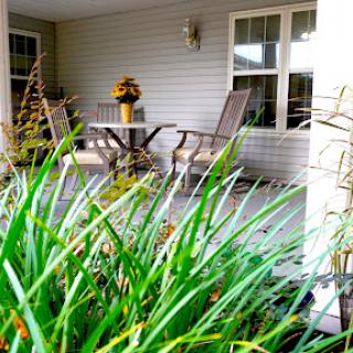 A peaceful porch setting with comfortable chairs and a small table, surrounded by greenery.