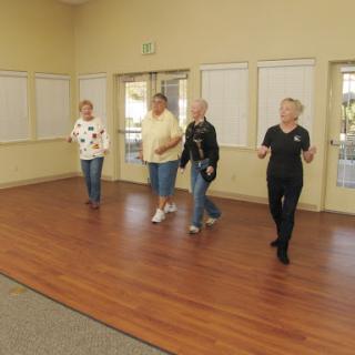 A group of older adults enjoying a dance session together indoors.