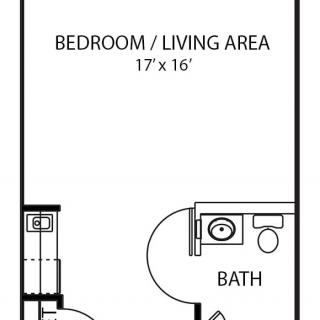 This is a floor plan of a studio apartment featuring a combined bedroom and living area, as well as a bathroom.