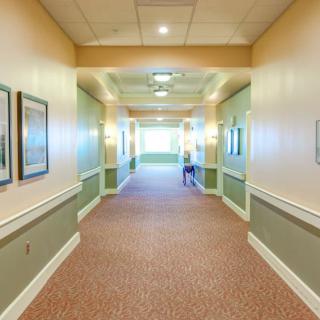 A well-lit hallway with paintings on the walls and a carpeted floor.