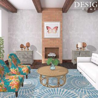 A vibrant and stylish living room featuring colorful chairs, a cozy fireplace, and modern decor elements.