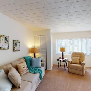 A cozy living room with a sofa, armchair, and decorative elements.
