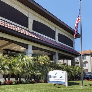 A building entrance with a sign and an American flag in front, surrounded by palm trees.