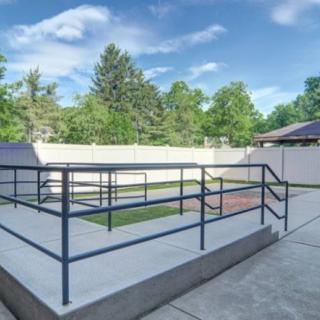 A concrete ramp with metal handrails set in a backyard, surrounded by a fence and trees under a clear sky.