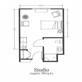 Floor plan of a studio apartment approximately 350 sq. ft.
